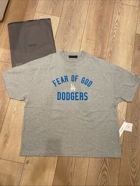 Fear of God Gray Dodgers Crewneck Tee with Blue Logo- Size Large OVERSIZED